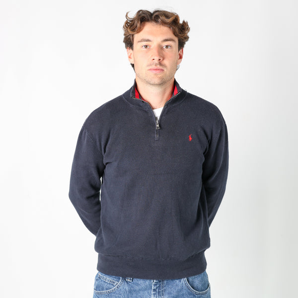 Navy Blue 90s Polo Ralph Lauren Quarter Zip Knit Sweatshirt (XL)